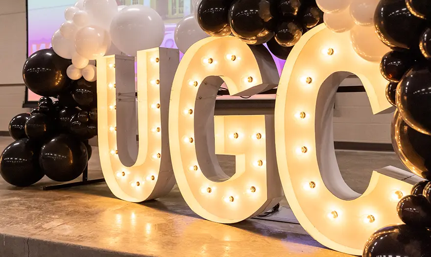UGC letters with lights and balloons