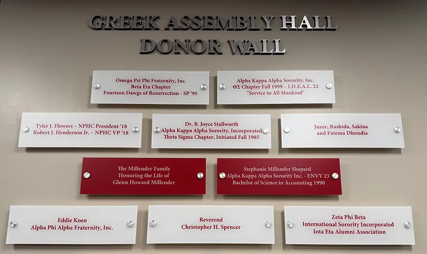 The Greek Assembly Donor Wall in the Greek Assembly Hall.